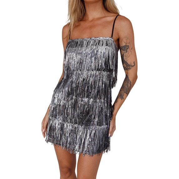 Coduop Women's Glitter Spaghetti Strap Mini Dress Sleeveless Backless Sequins Tassel Party Dress
