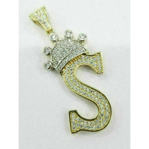 Elegant 2Ct Round Cut Diamond Initial S Letter King Crown Pendant 14k Two Tone Gold Plated Silver