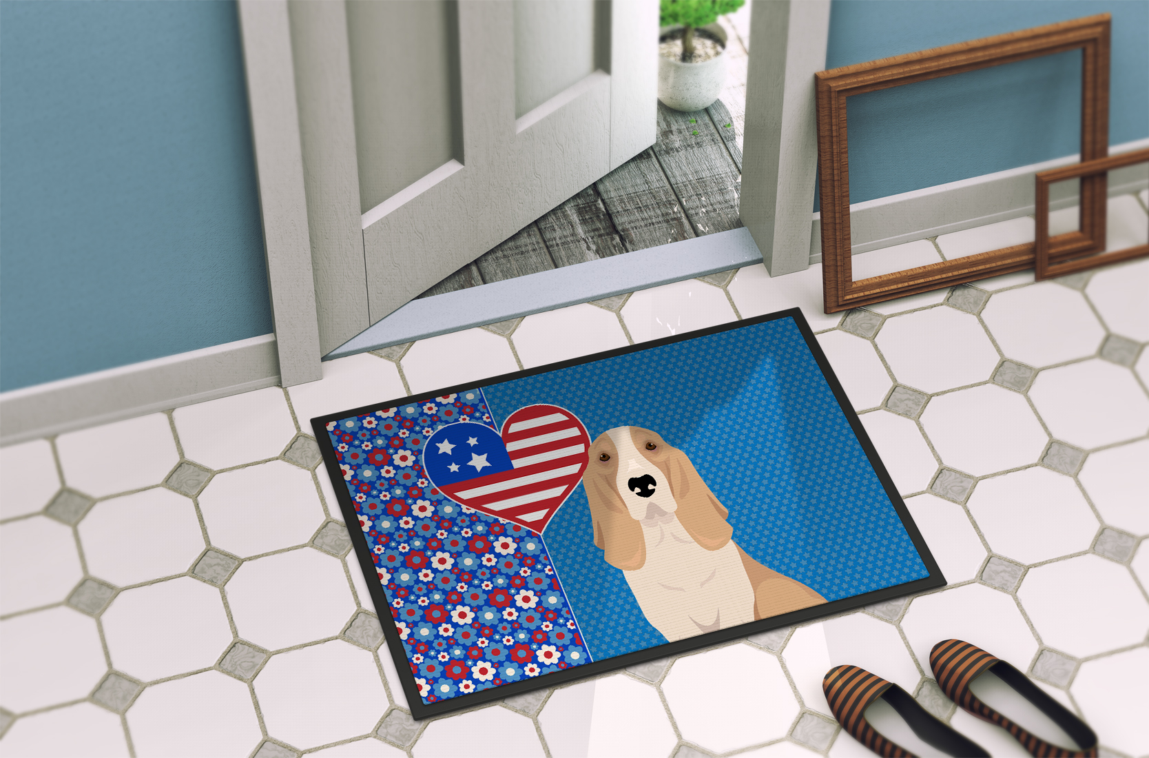 Lemon and White Tricolor Basset Hound USA American Indoor or Outdoor Mat 24x36