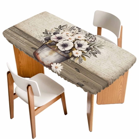 Vintage Flowers Table Cloths for 5 Foot Rectangle Tables, Farmhouse Floral Leaves Retro Wood Board Patio Waterproof Elastic Fitted Tablecloths, Washable Rectangular Table Cover for Camping