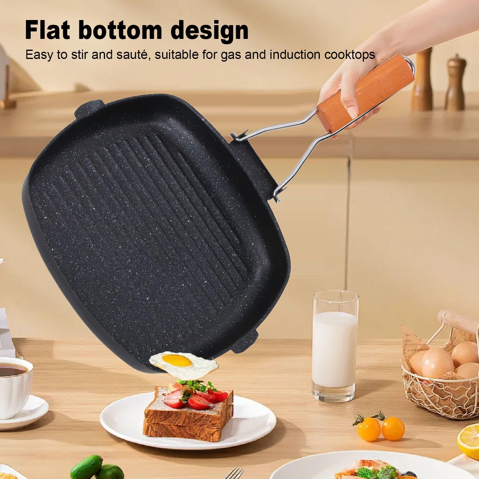 BIMZUC Maifan Stone Non‑Stick Grilling Pan – 10.6” Square, Ribbed Design, Foldable Wooden Handle, Flat Base, Gas & Induction Compatible