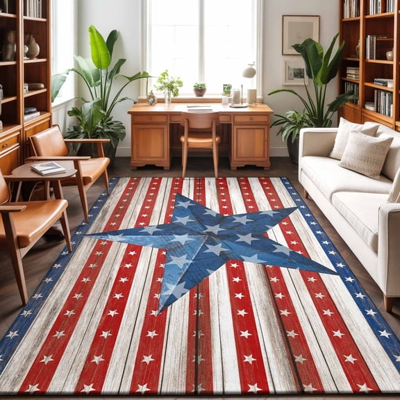 Area Rugs 5'x7', Independence Day Carpet Runner Indoor Outdoor Rugs Home Decor Aesthetic, 4 of July Blue Red Stars Striped Wood Non Slip Mats Washable Accent Rug for Living Room Bedroom