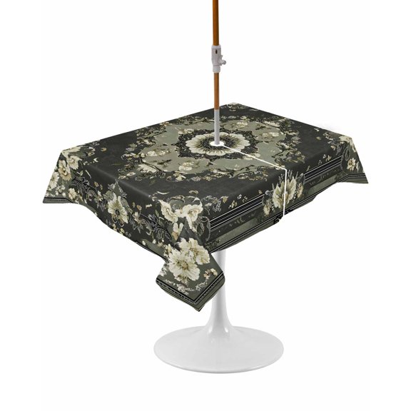 Outdoor Table Cloth with Umbrella Hole and Zipper, Sage Green Grey Boho Waterproof Rectangle Tablecloth 60"x102", Vintage Ethnic Geometric Abstract Washable Table Cover for Outside Party Patio Picnic