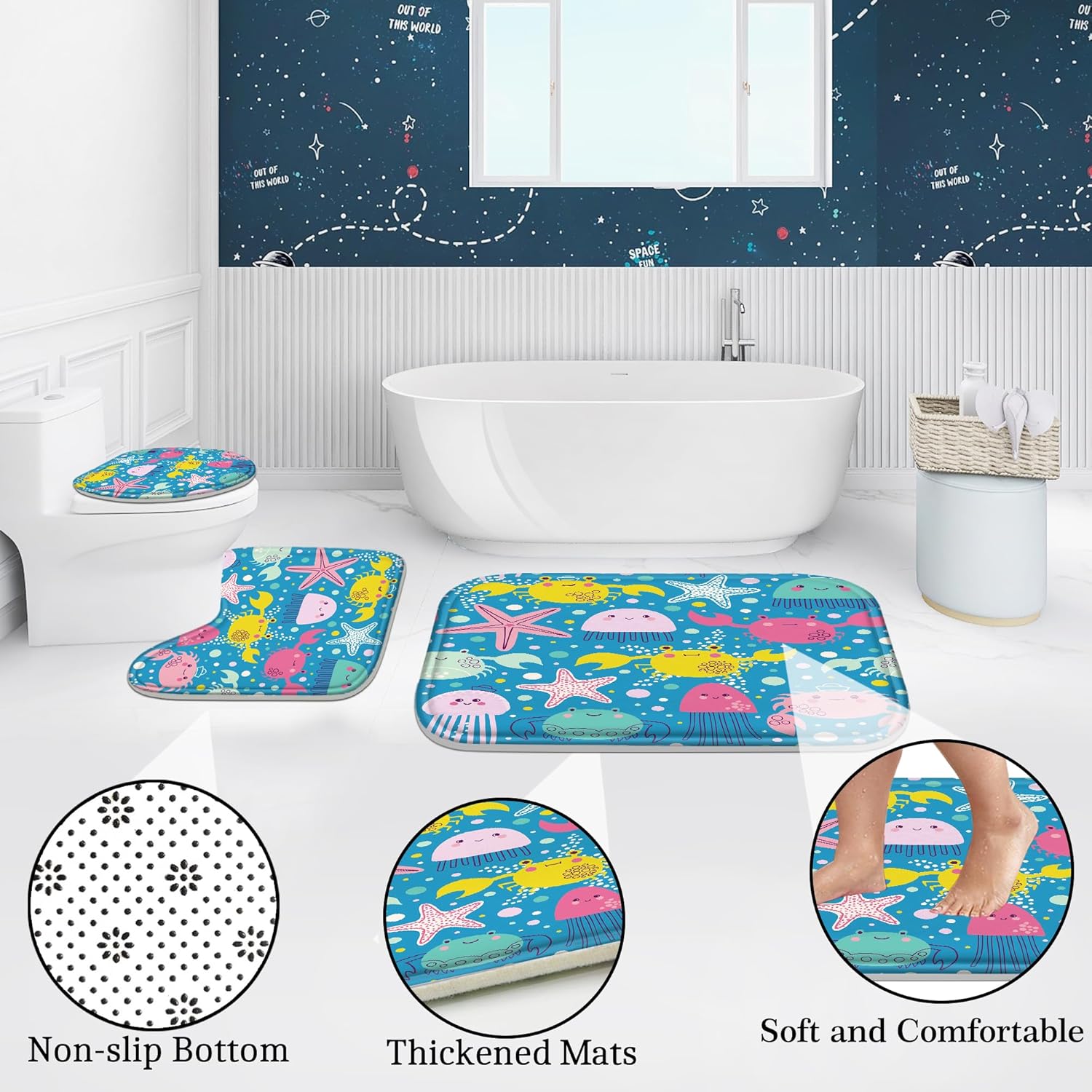 4 Pcs Bathroom Shower Curtain Set,Kid's Bathroom Set,Baby Octopus Shower Curtain Sets with Rugs(Bath Mat,U Shape and Toilet Lid Cover Mat) and 12 Hooks