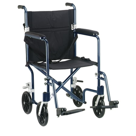 Drive Medical Flyweight Lightweight Folding Transport Wheelchair, 19", Blue Frame, Black Upholstery