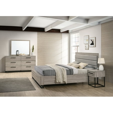 Roundhill Furniture Alvear Upholstered Wood Panel Bed Dresser Mirror and Nightstand Weathered Gray King