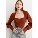 thumbnail image 1 of Elegante jersey de punto adelgazante de estilo francés Zhiyi para mujer, camiseta de manga farol adelgazante de otoño 2024 que suaviza la silueta, 1 of 4