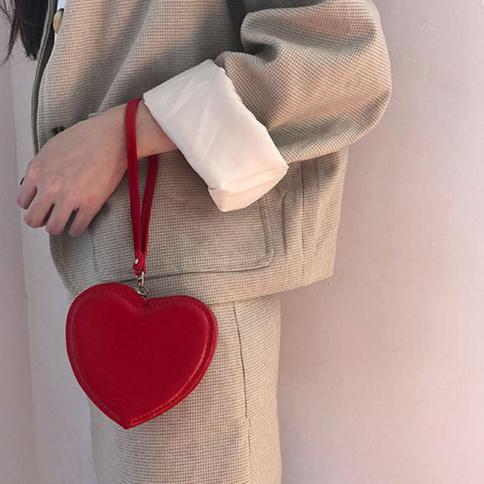 Cute Small Heart Shaped Purse with Hand Strap PU Leather Clutch