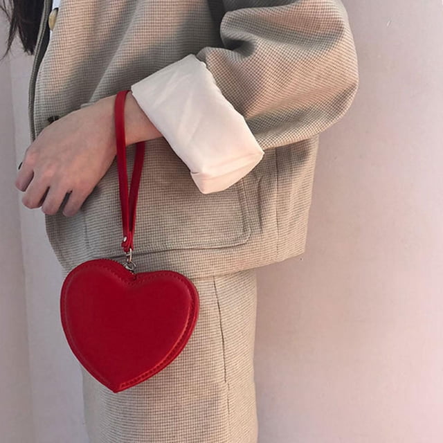 Bonito bolso de mano pequeño en forma de corazón con correa de mano, cartera roja de piel sintética, bolso de mano para cena, novia, boda, Colco Monedero en forma de corazón