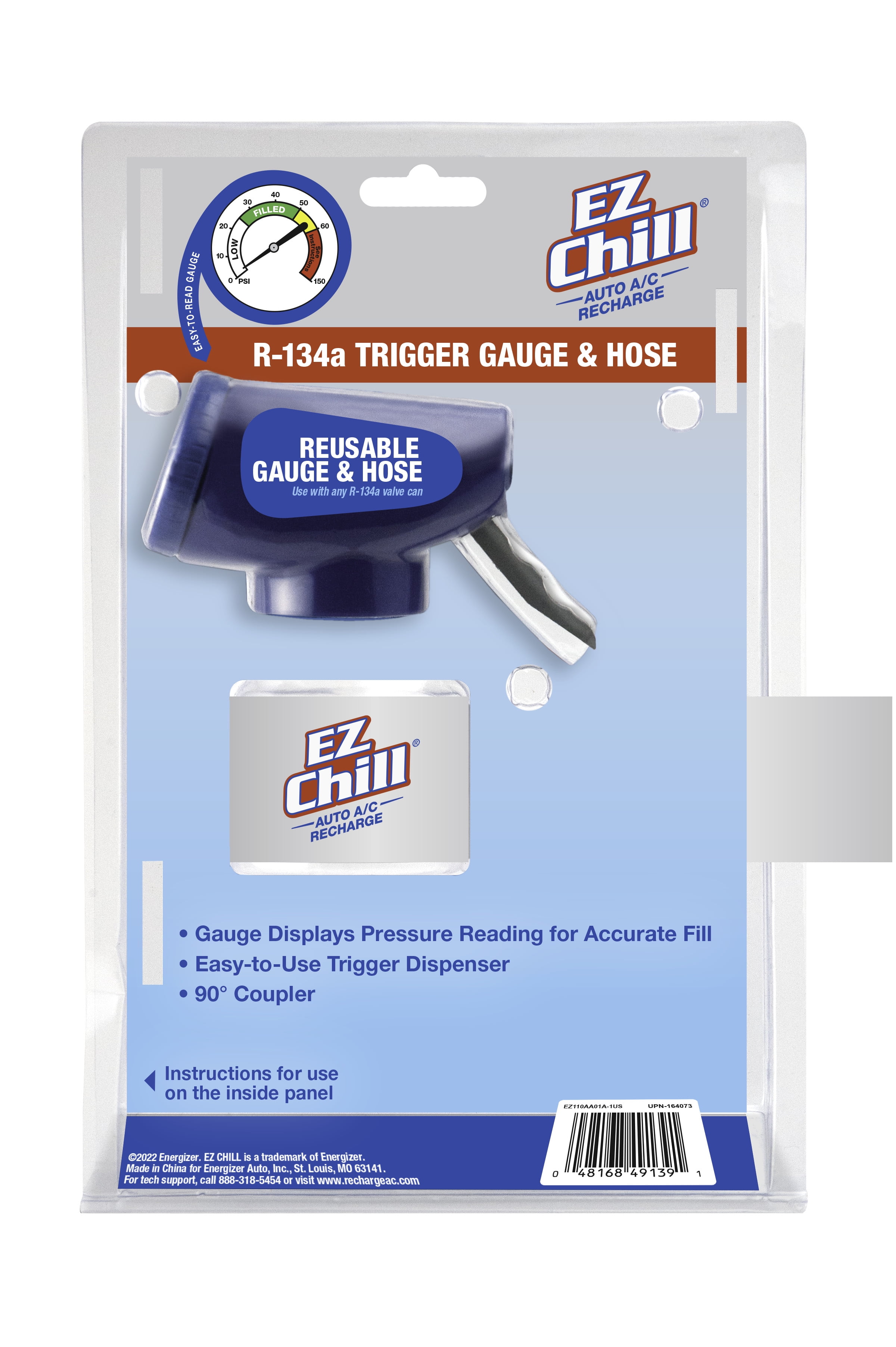 EZ Chill A/C Recharge Reusable R-134a Gauge and Hose, Auto Air Conditioning Parts, Universal Vehicle