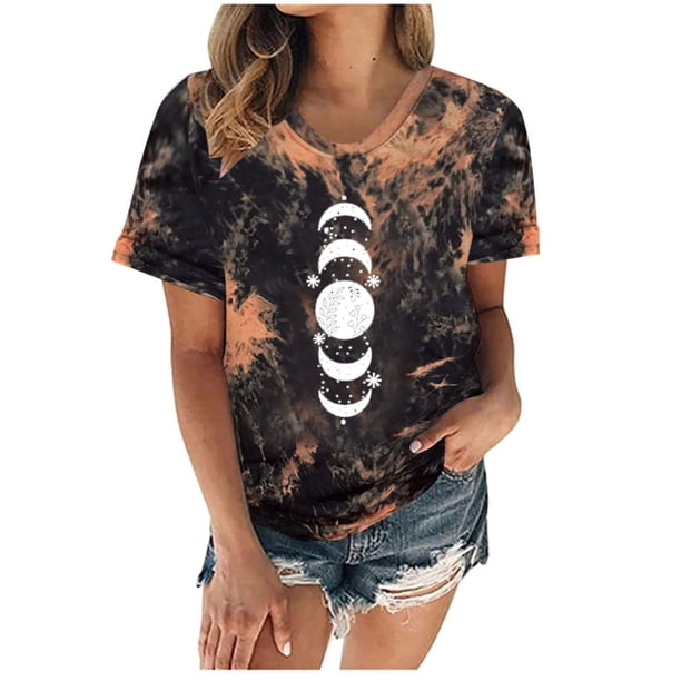 Camiseta con estampado de sol y luna para mujer, camiseta de manga corta con cuello redondo, camiseta informal divertida y bonita para chica adolescente OAVQHLG3B Store lin121212