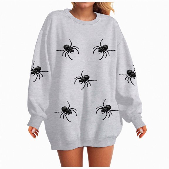 NOLDARES Halloween Sweatshirts for Women Spider Sweater Cute Spooky Shirt Fall Winter Spooky Pullover Tops,Light Gray,L