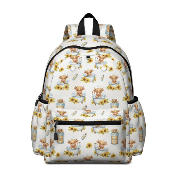 Highland Cow and Sunflower Print Cute School Backpack with Padded Back and Adjustable Shoulder Straps 13.4"x11"x4.7"