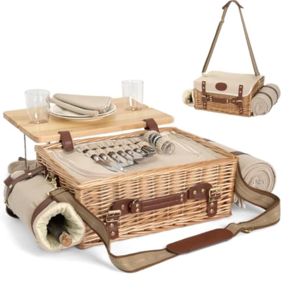 Multifunctional Wicker Picnic Basket Set for 2 with Blanket and Picnic Table Insulated Picnic Set with Full Tablewares for Camping Outdoor Couples Natural