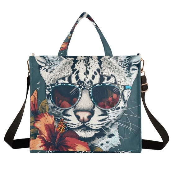 Leopard Flower and Sunglasses Corduroy Tote Bag Handbag Large Messenger Bag Shoulder Crossbody Zipper Bag Purse