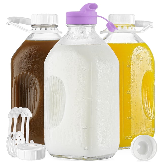 Botella de vidrio para leche Ritayedet de 1,9 L con boquilla de silicona y 4 tapas, paquete de 3