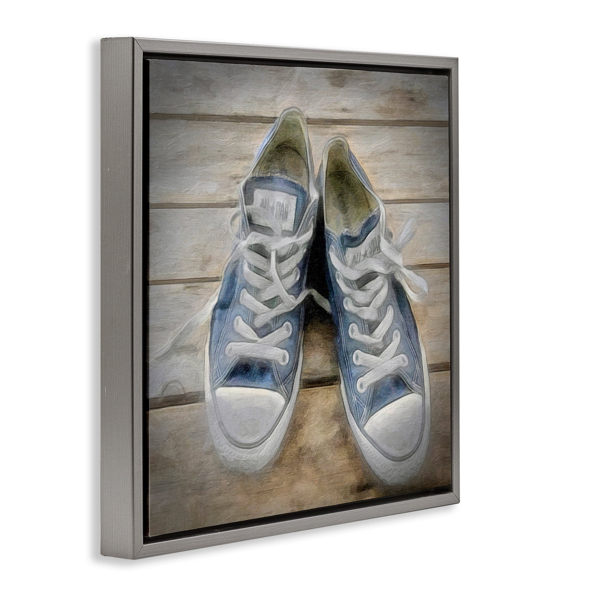 Stupell Industries Denim Blue Classic Sneakers Fashion Painting Gray Floater Framed Canvas Art Print Wall Art, 18 x 18