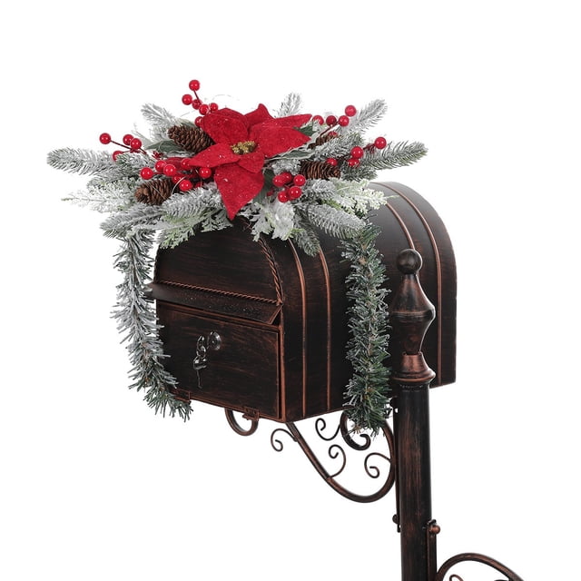 Corona Navideña para Buzón | Decoración Navideña para Buzón | Corona de Adviento Duradera para Exteriores con Adornos, Lazos y Vegetación | Fácil de Instalar para Puerta, Ventana, Árbol, Regalo Festi