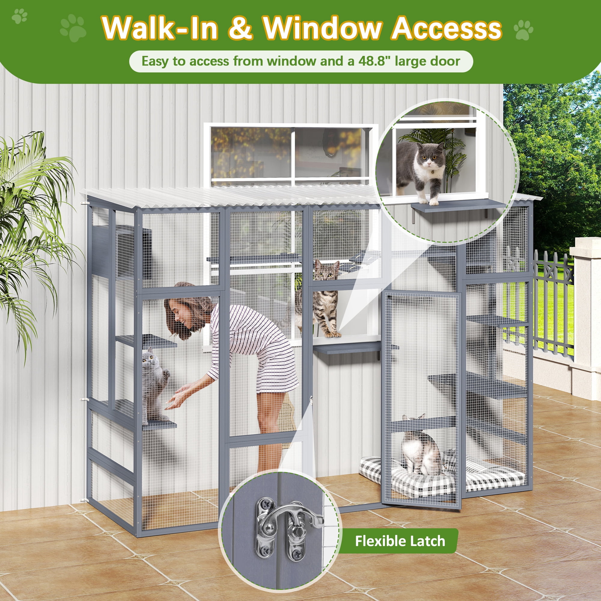 COZIWOW Catio Outdoor Cat Enclosure, 104" L Large Catio for Indoor Cats Window Access, Wooden Cat House