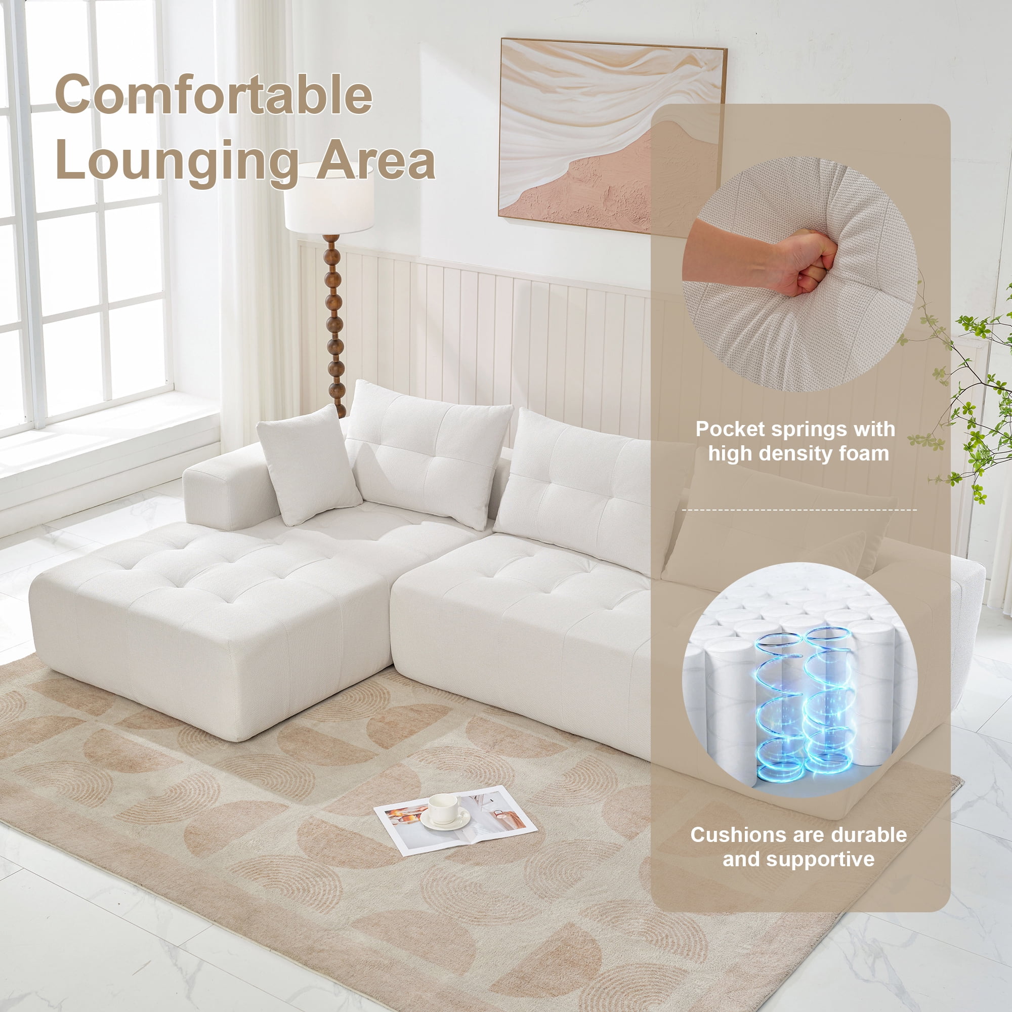 DEALTOPS Upholstered Sectional Sofa, Modern Convertible Modular Sofa Set, 110" L Shaped Sofa Couch, 2 Pieces Living Room Furniture Set, White