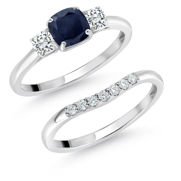 Gem Stone King 10K White Gold Blue Sapphire White Moissanite and Lab Grown Diamond 3 Stone Bridal Engagement Wedding Ring Set for Women (1.04 Cttw, 5MM and 3MM Cushion Cut,Sizes 5, 6, 7, 8, 9)