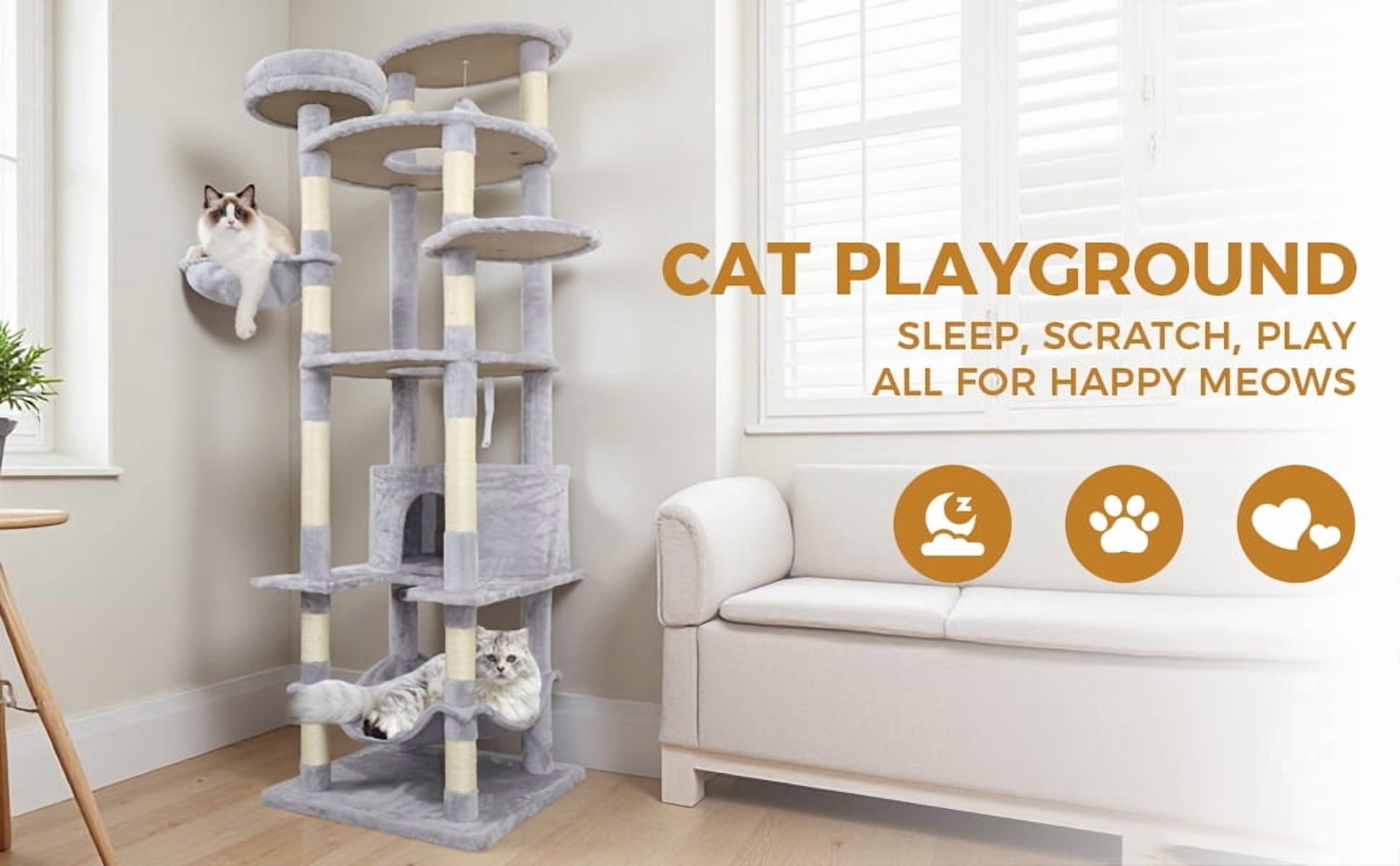 78.8-Inch Light Gray Cat Tree with 12 Scratching Posts, Large Condo, Big Hammock, and Interactive Toys for 3-4 Cats, Light Gray