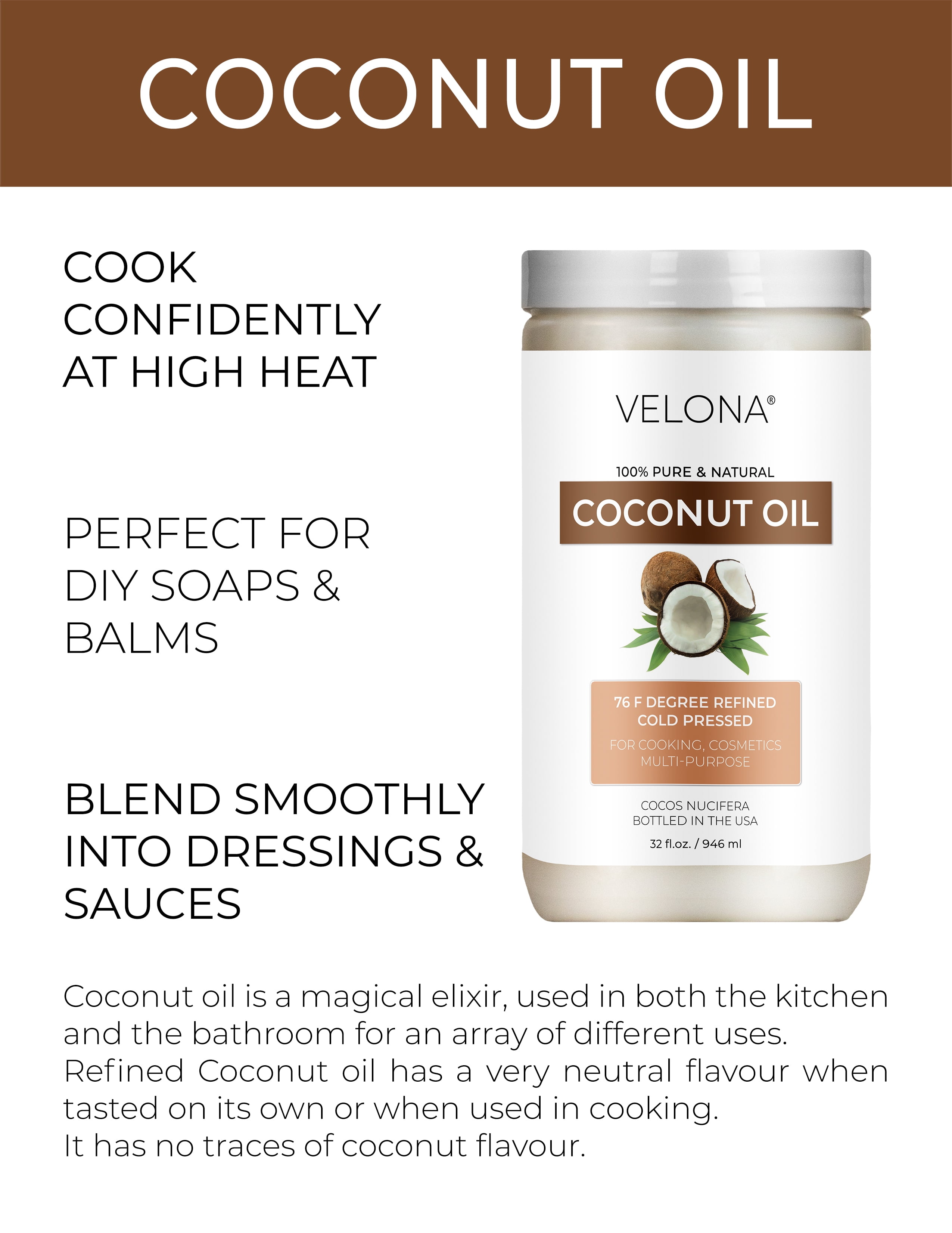 Coconut Oil 76 Degree by Velona - 32 Fl Oz | 100% Pure and Natural Carrier Oil | in jar | Refined, Cold pressed | Skin, Face, Body, Hair Care | Use Today - Enjoy Results