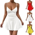thumbnail image 3 of Women's Spaghetti Strap V-Neck Mini Dress Ruched Waist Fit and Flare Casual Party Graduation Dress, 3 of 3