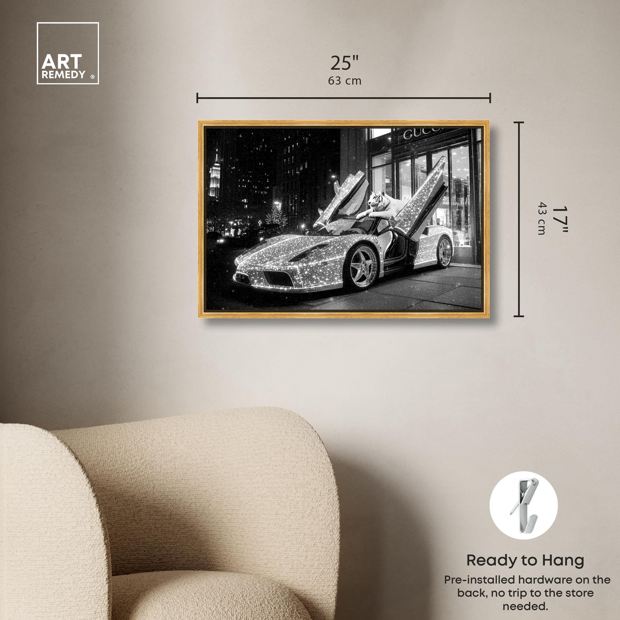 Glistening Tiger and Car Canvas Luxury Cars Prints by Art Remedy, Gold Frame, 24 x 16