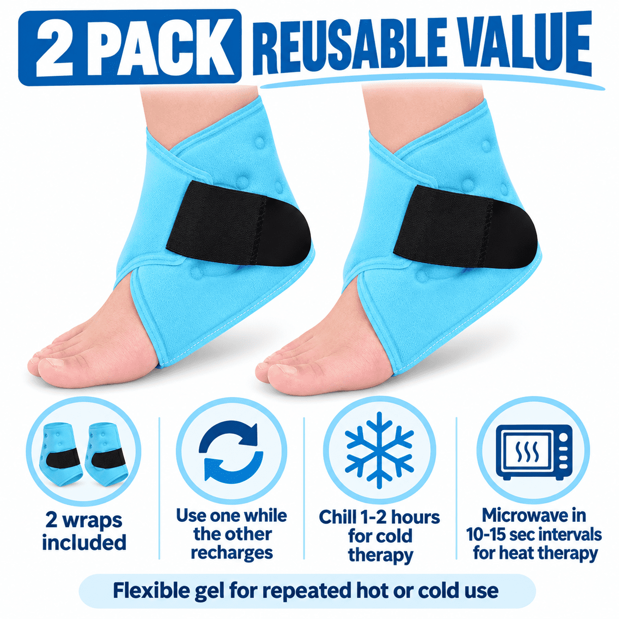 2 Pack Ankle Ice Pack Wrap Reusable Gel Hot Cold Therapy for Foot Swelling Plantar Fasciitis Achilles Tendonitis Sprain Relief