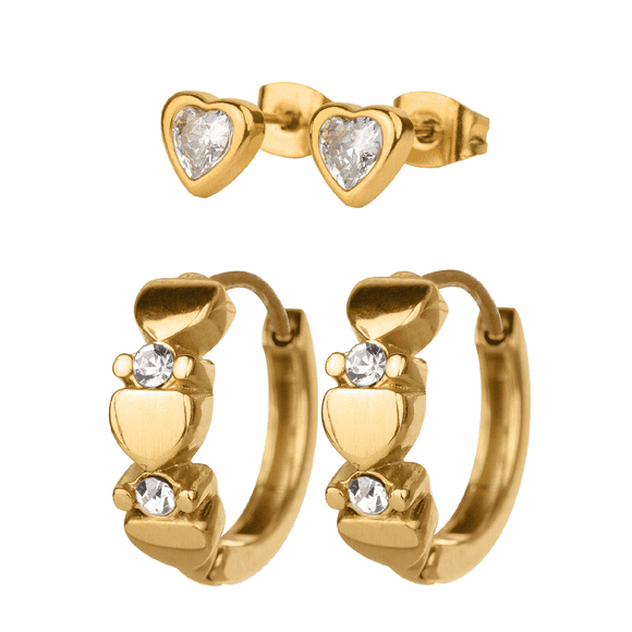 Aretes Mujer Oro 14k, LuckyLy Set de Regalo 2 en 1 de Arracadas y Broqueles, Acero Inoxidable Baño Oro 14k y Zirconia Cúbica – Joyería ideal como Regalos para Mujer San Valentín y Regalos para dorado