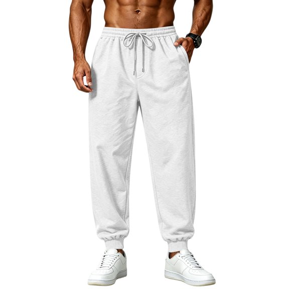 Nestiefly Men's Lightweight Fleece Baggy Sweatpants with Pockets Drawstring Joggers Workout Pants for Lounge,Gym,Running White 3XL