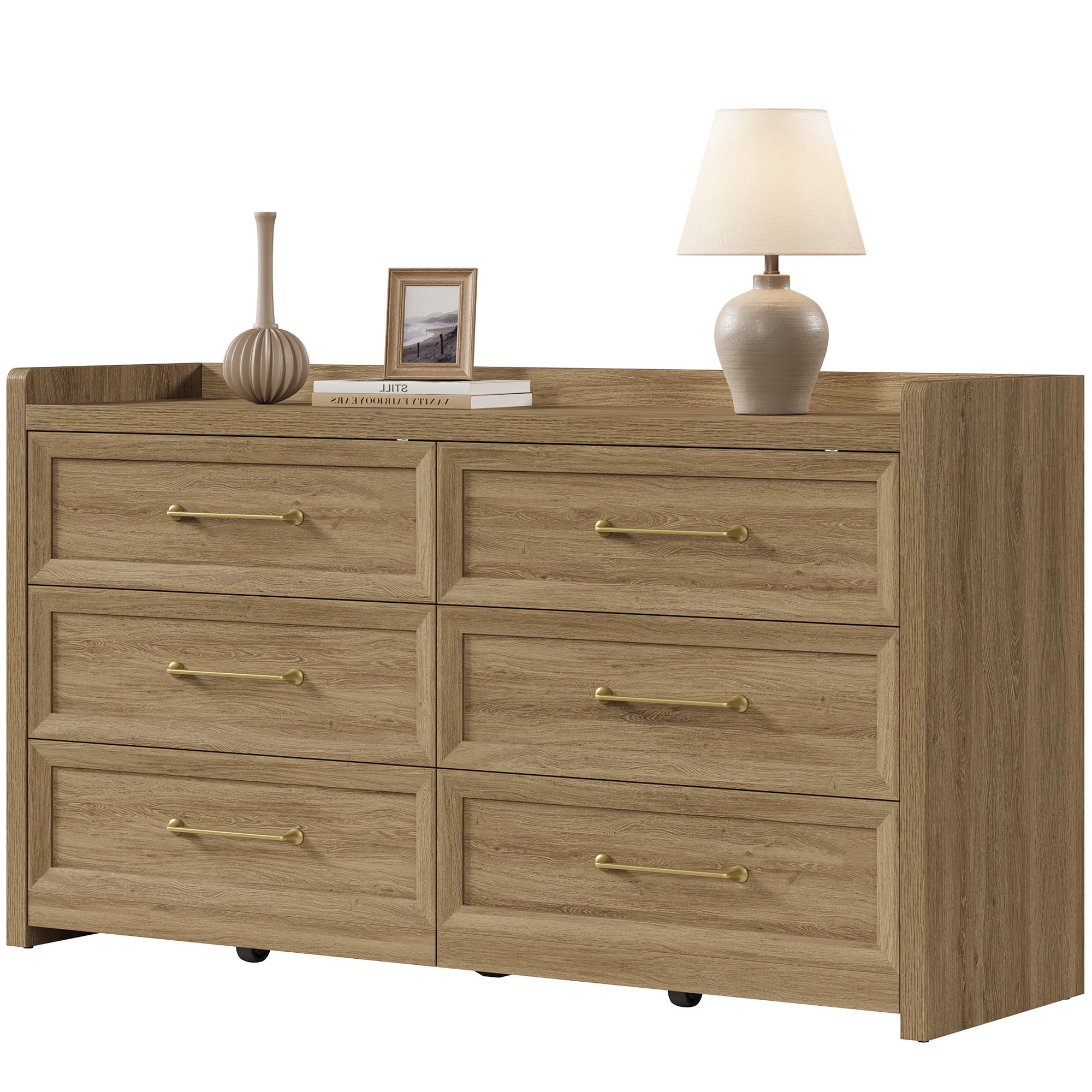 SICOTAS 56.4"W Farmhouse 6 Drawer Double Dresser, Long Chest of Drawers with Brass-tone Handles & Rolling Wheels, Wooden Dresser Storage Cabinet for Bedroom Living Room, Brown Oak