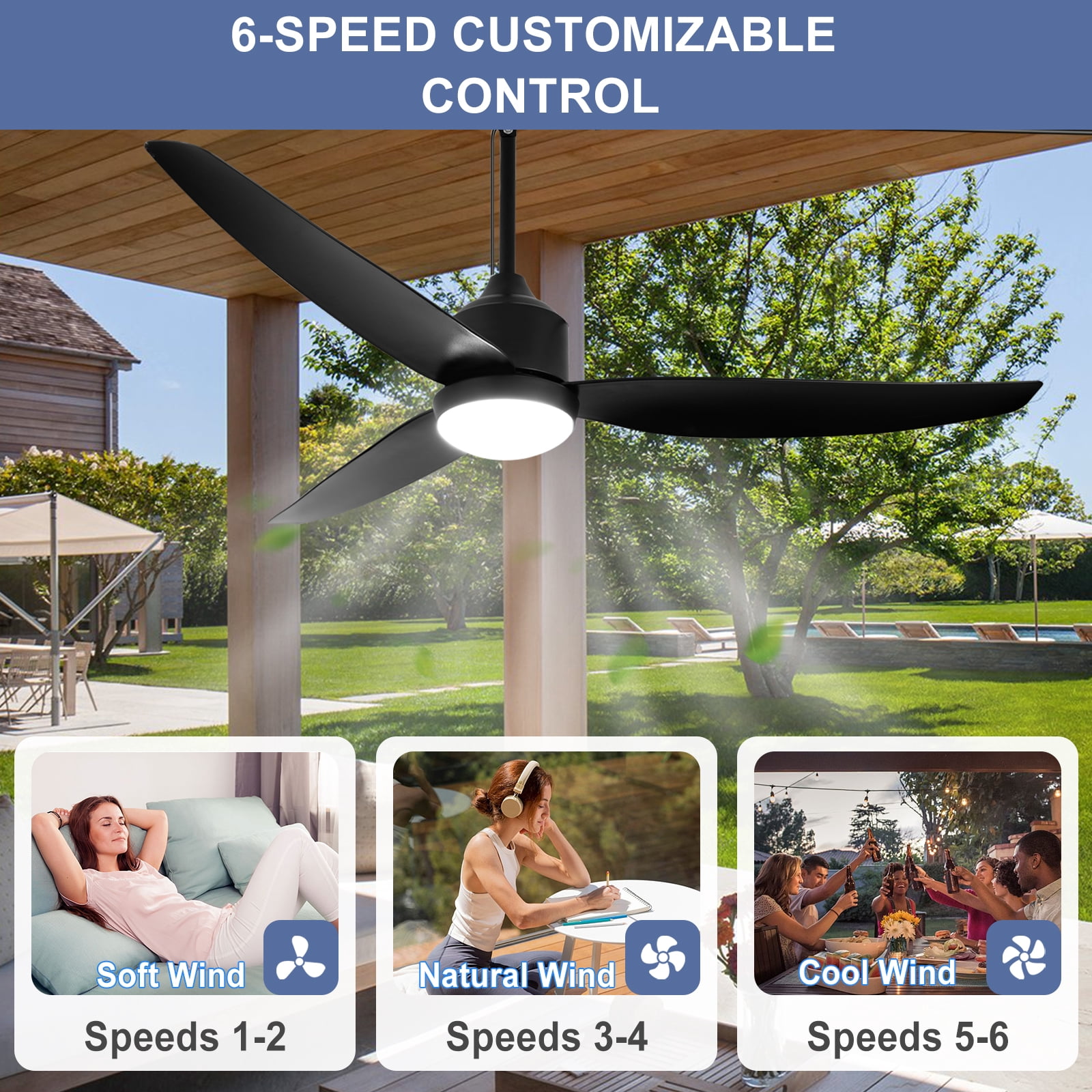 Depuley Waterproof Outdoor Ceiling Fan with Light:52" Black Hanging Fan for Patios, Gazebo - Plug-in Fan with Remote and APP, 3 CCT, 6-Speed