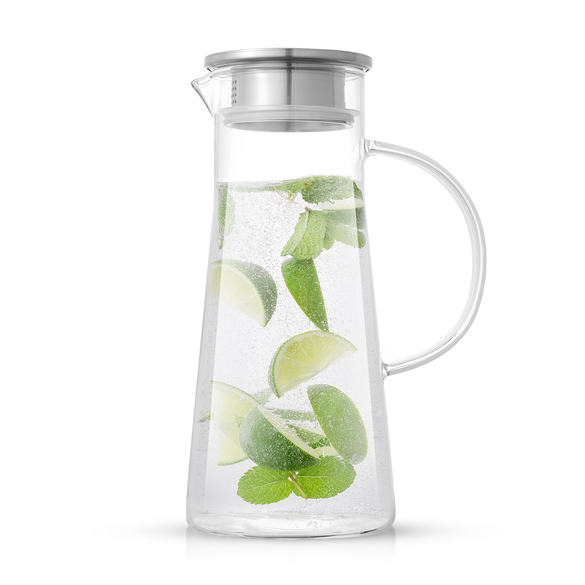 JoyJolt Breeze Glass Pitcher with Stainless Steel Lid and Spout, with Handle, for Water, Juice, Tea, Milk