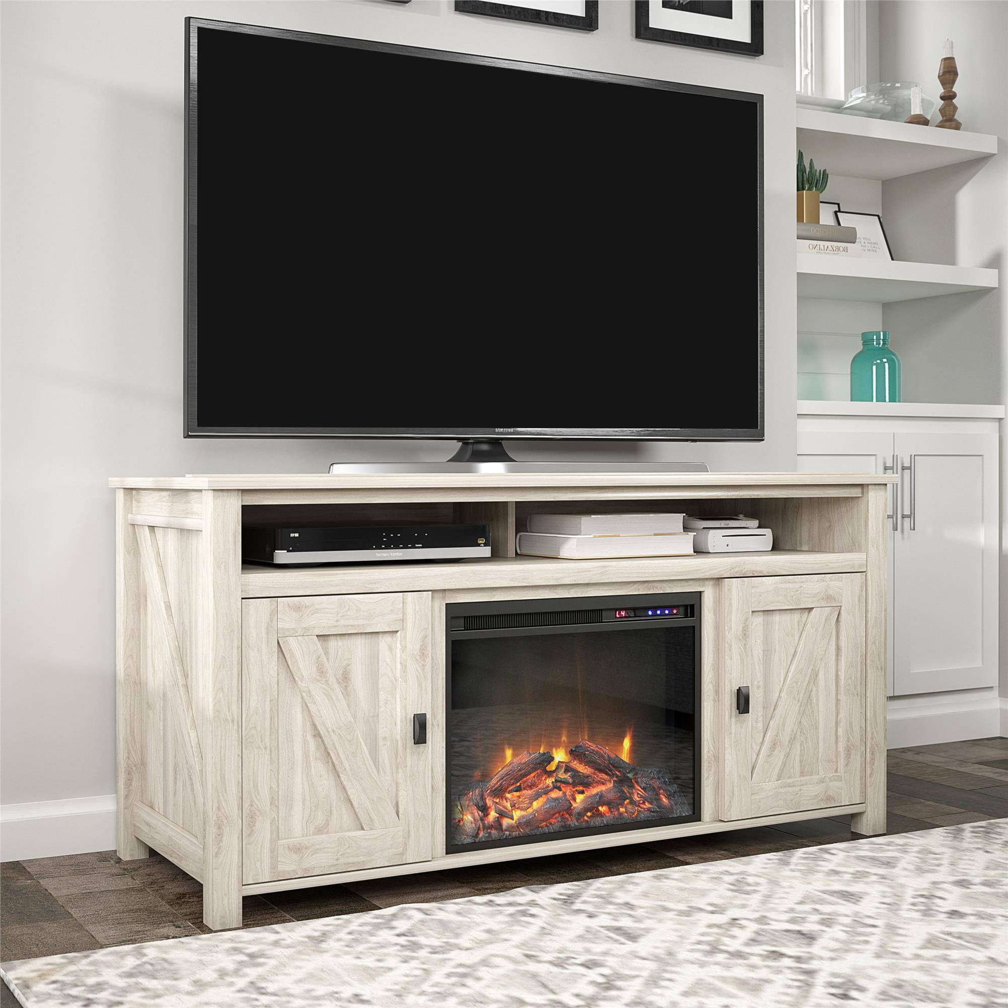 Woven Paths Scandi Farmhouse Electric Fireplace TV Console for TVs up to 60", Light Walnut