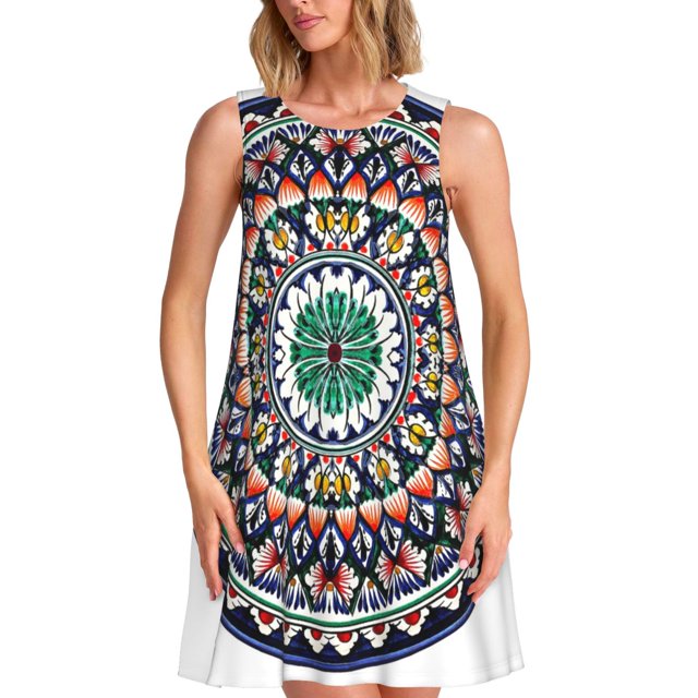 Balery Colorful With Blue Oriental Vestidos de verano para mujer con estampado: vestido holgado sin mangas, vestido playero informal y cómodo para días calurosos.