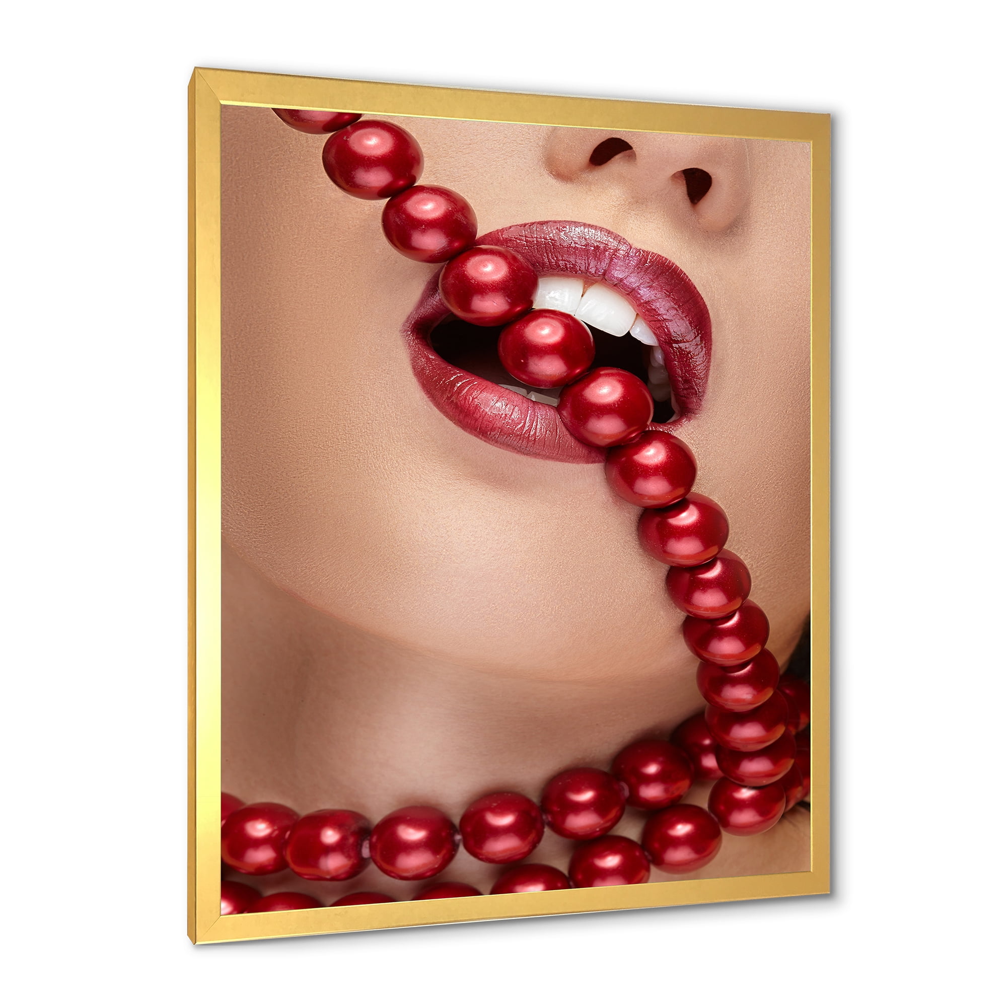Designart 'Girl Mouth With Red Lipstick Biting Red Pearls' Modern Framed Art Print