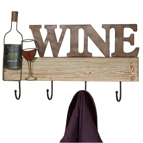 Wine Kitchen Wooden and Metal Wall Hook Rack Brown 24"Wx2.5"Dx16"H