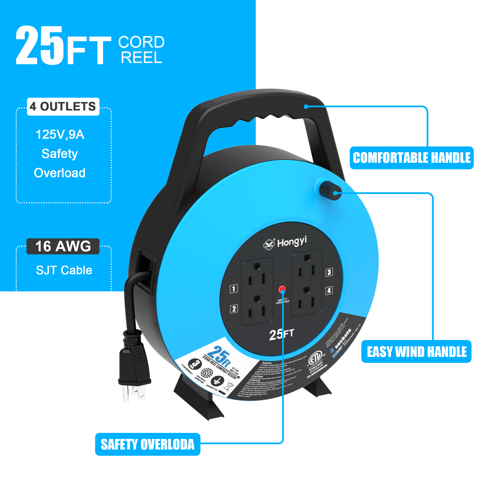 Hongyi Extension Cord Reel with 16AWG x 3C SJT 25ft 4-Outlet,Blue