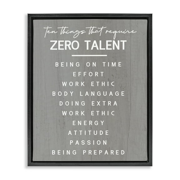 Stupell Industries Motivational Zero Talent Text & Numbers Painting Black Floater Framed Canvas Art Print Wall Art, 17 x 21