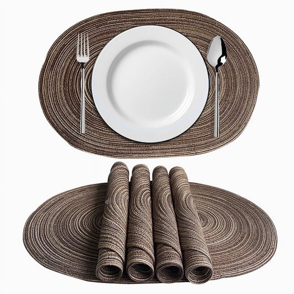Oval Placemats Set of 6,Indoor & Outdoor Round Cotton Placemat, Round Braided Table Mats for Dining Tables- Coffee Brown