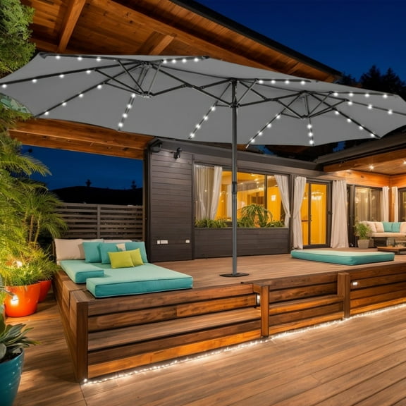 Spaco 15 Feet Twin Patio Umbrella, Shade with 48 Solar LED Lights for Patio, Garden, Backyard, Gray