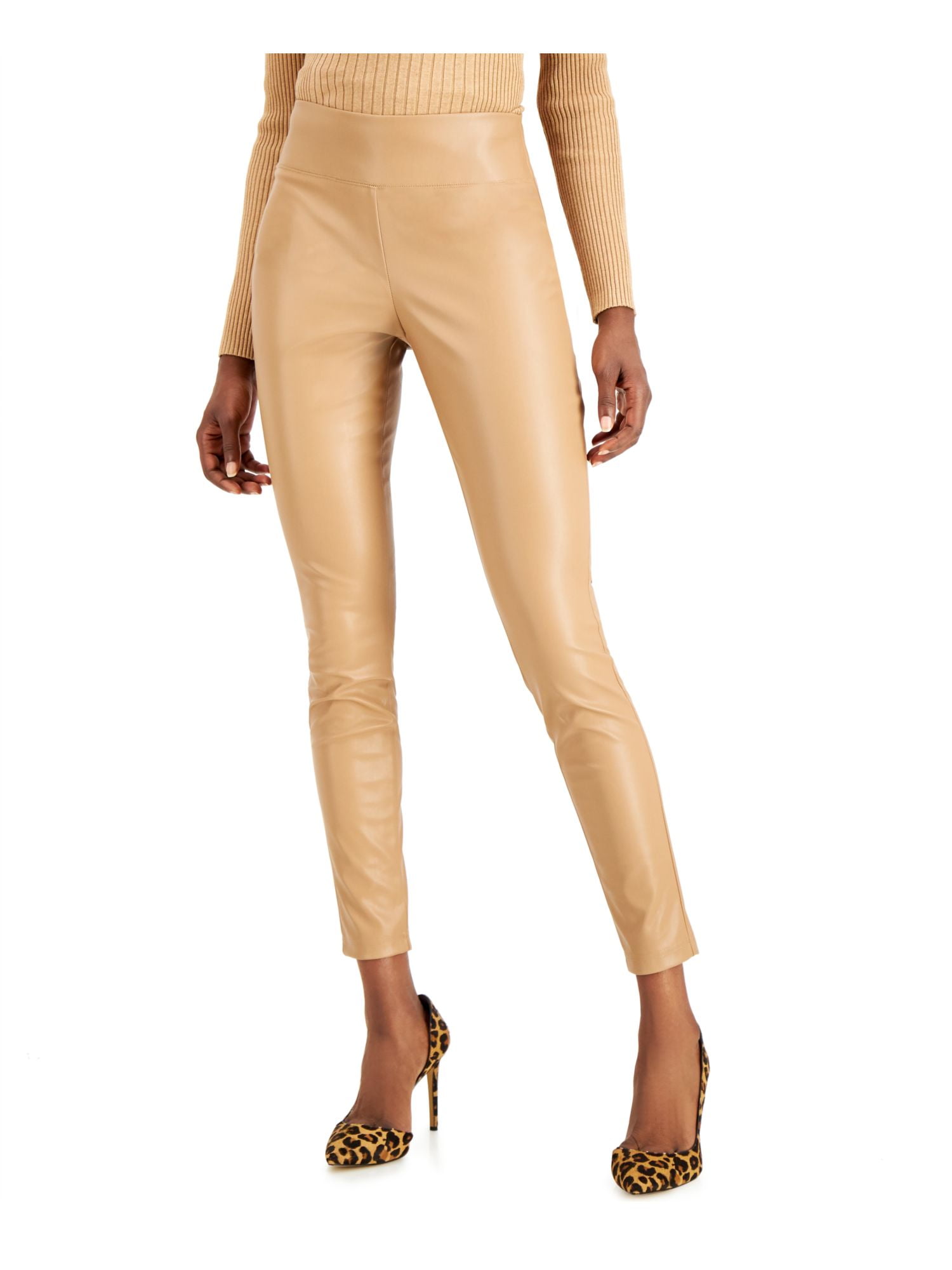 INC Womens Beige Faux Leather High-rise Skinny Pants 2 