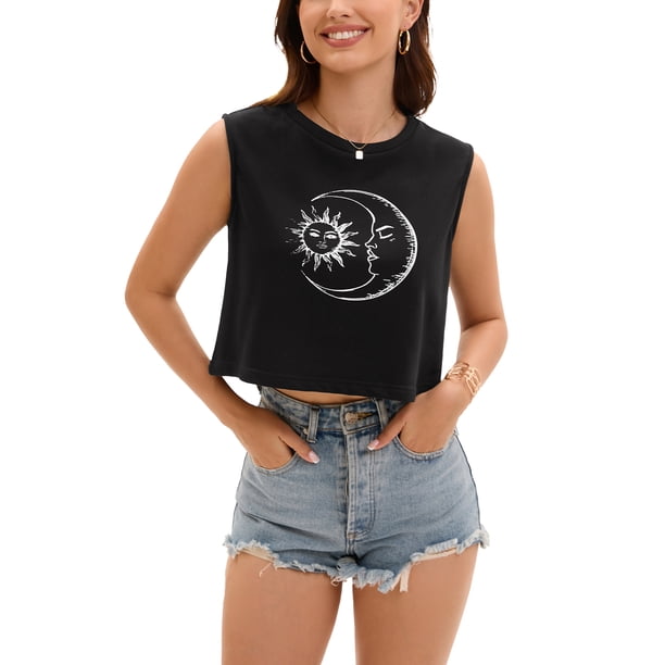 ATHLECHIC Camiseta sin mangas básica de cuello redondo para mujer, color negro con estampado
