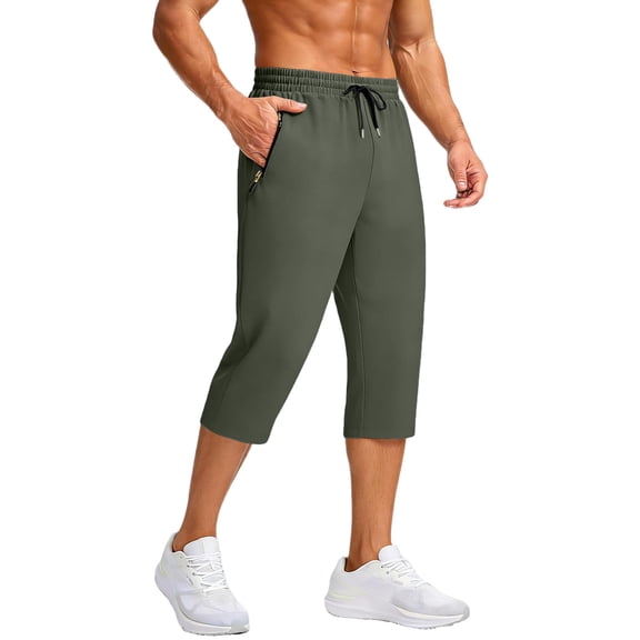 Tbopshirt Mens Capri Pants Solid Color Elastic Waist Drawstring Zippered Pocket Casual Sports Capris Pants,S-3XL