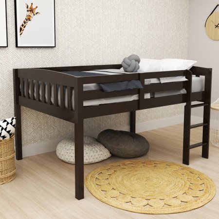Low Loft Bed Full Size Low Loft Bed with Full-length Guardrail and Ladder Solid Wood Loft Bed Frame for Boys and Girls  Space Saving  No Box Spring Needed  Cappuccino