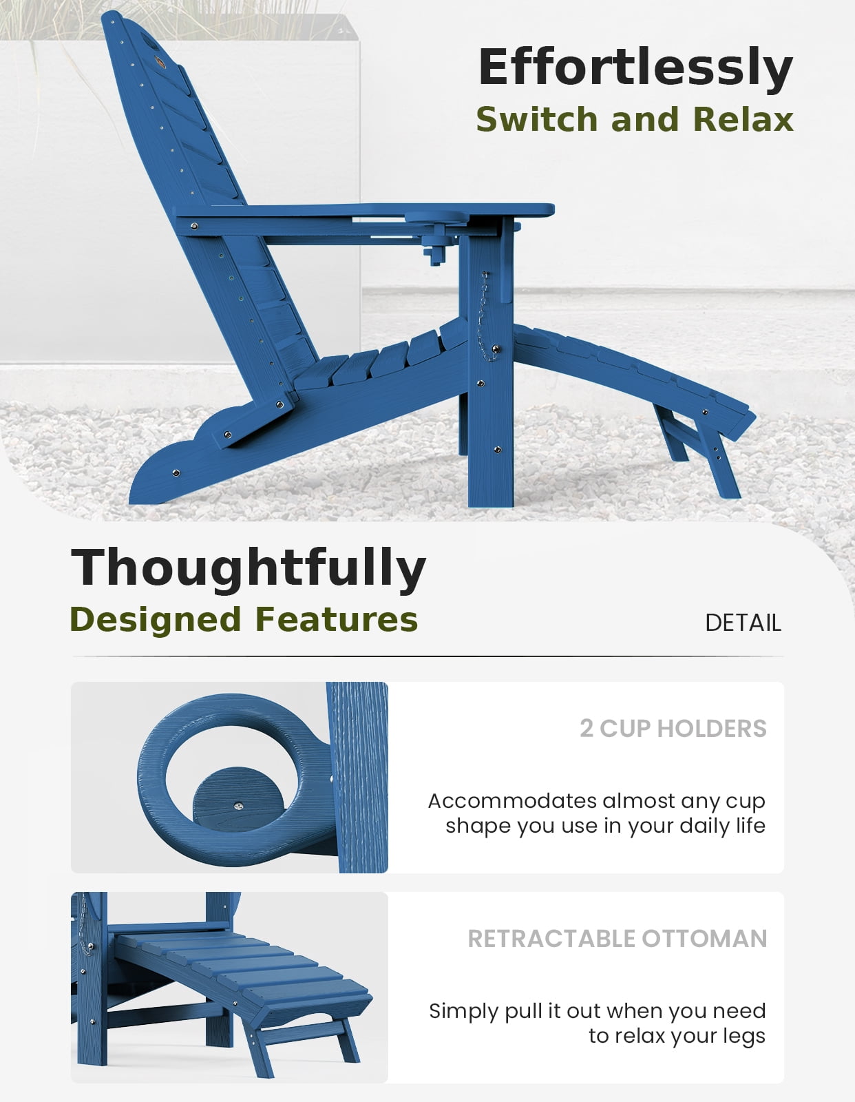 Folding Adirondack Chair w/ Ottoman, Weather-Resistant HDPE Patio Fire Pit Chair, Teak