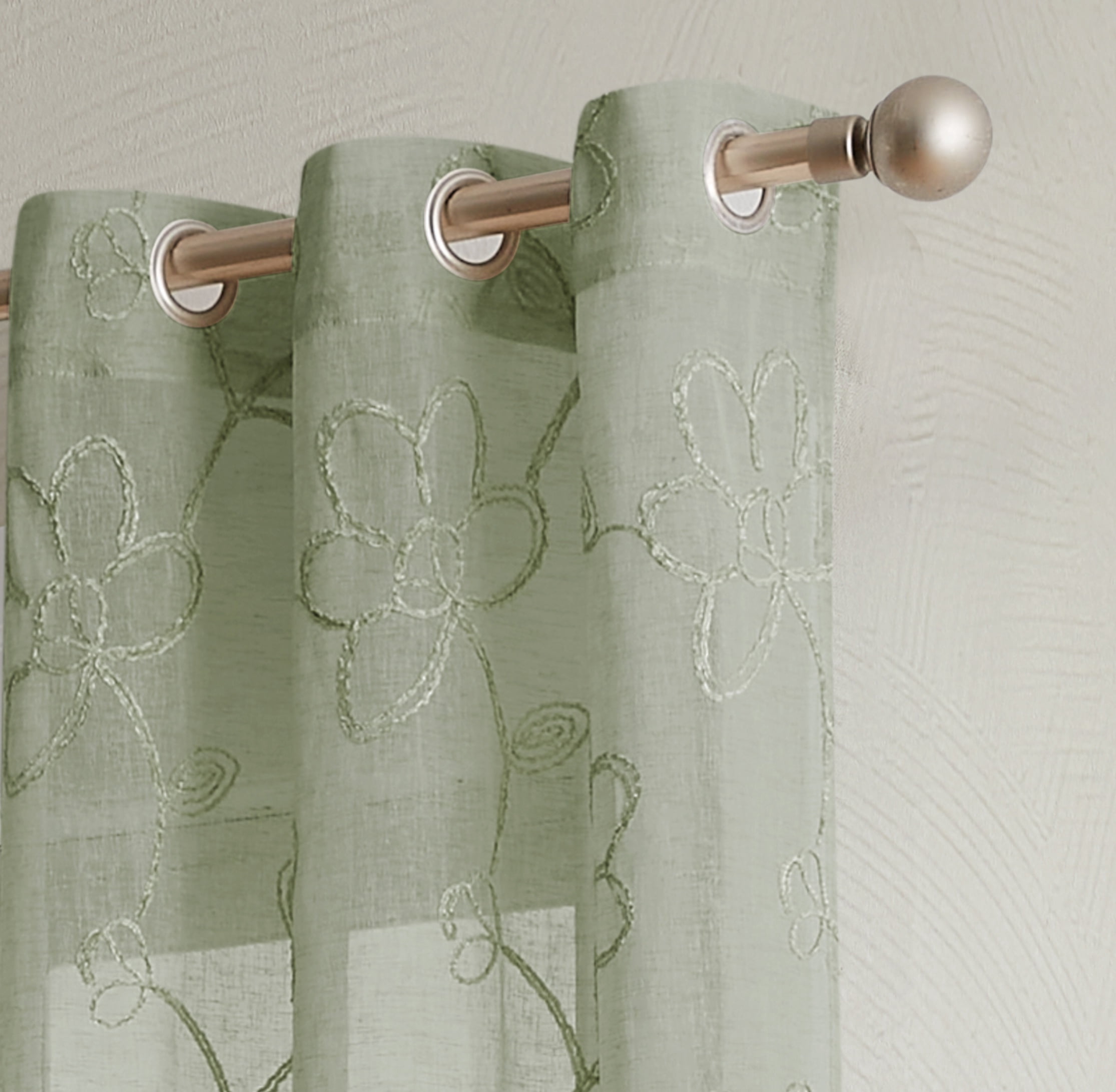 Dainty Home Rita 3D Floral Chenille Embroidered Solid Sheer Linen Look 76" x 84" Window Curtain Panel Pair in Olive Green