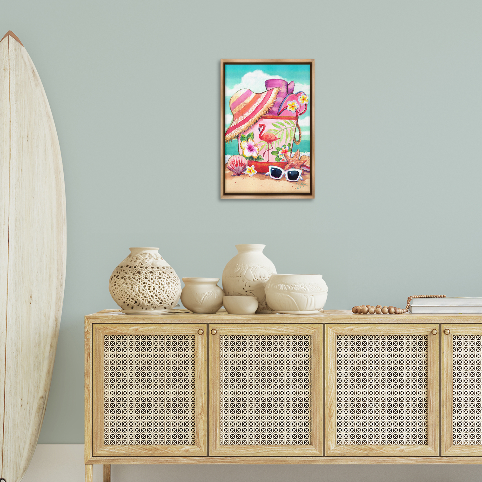 Stupell Industries Floral Beach Bag Nautical & Beach Painting Brown Floater Framed Canvas Art Print Wall Art, 17 x 25
